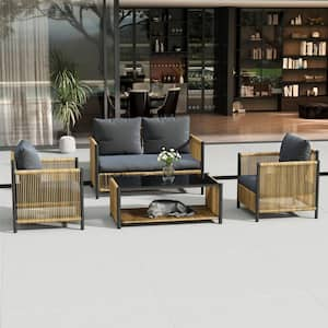 Wicker Rattan 4-Seat 4-Piece Outdoor Conversation Set with Gray Cushions & Open Storage Space, for Patio Garden Outdoor