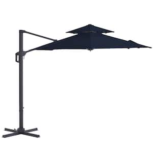 11 ft. 2-Tier Aluminum Patio Offset Umbrella Cantilever Umbrella, Fade Resistant and 6-Level 360°Rotation in Navy Blue