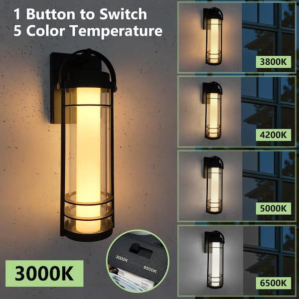 14.6 in. Black Outdoor Hardwired 14-Watt Wall Lantern Sconce with 5 CCT Selectable LED Light (2-Pack)