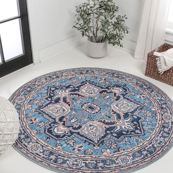 Cirali Ornate Large Medallion Machine-Washable Blue/Beige 5 ft. Round Area Rug
