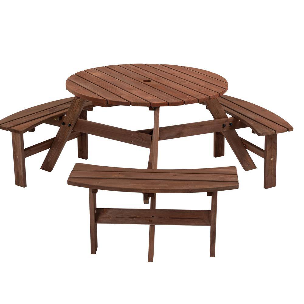 67 in. Circular Brown Solid Wood Picnic Table Seats 6 People with Umbrella Hole, 3 Built-in Benches price history on PriceWatchPro