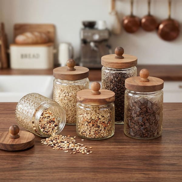 5 Piece Transparent Glass Storage Canisters with Acacia Wood Lids for Kitchen Pantry