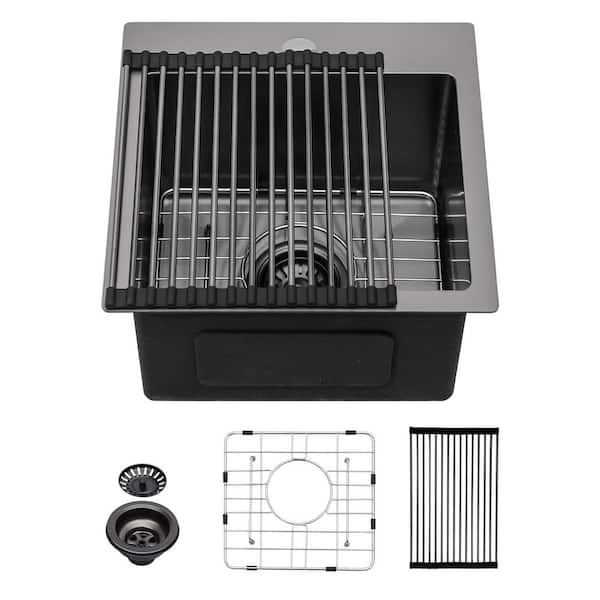 Gunmetal Black 15 in. Topmount 16-Gauge Stainless Steel Drop-In Bar Sink with Bottom Grid