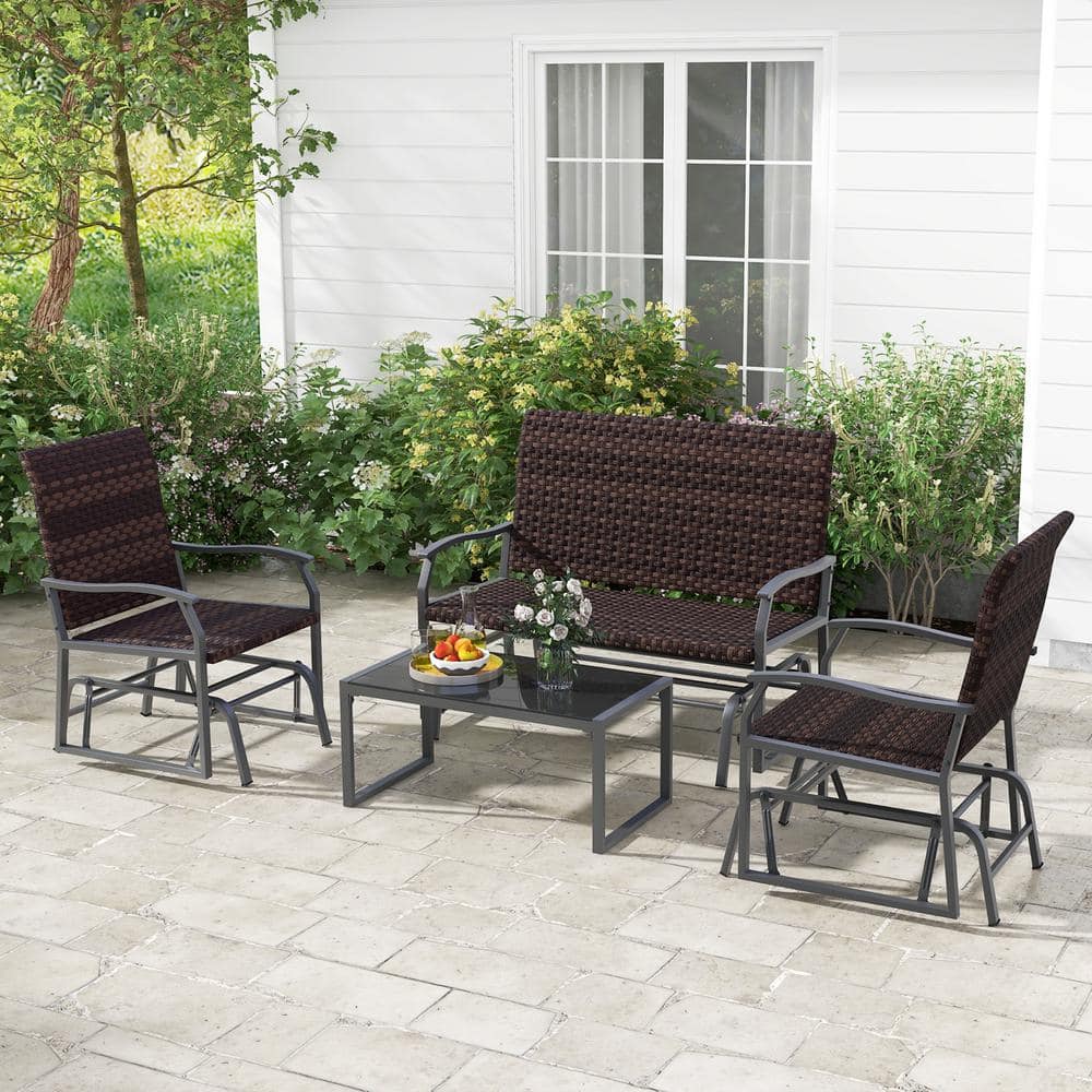 Mix Brown PE Rattan 4-Piece Patio Gliding Set with Tempered Glass Coffee Table