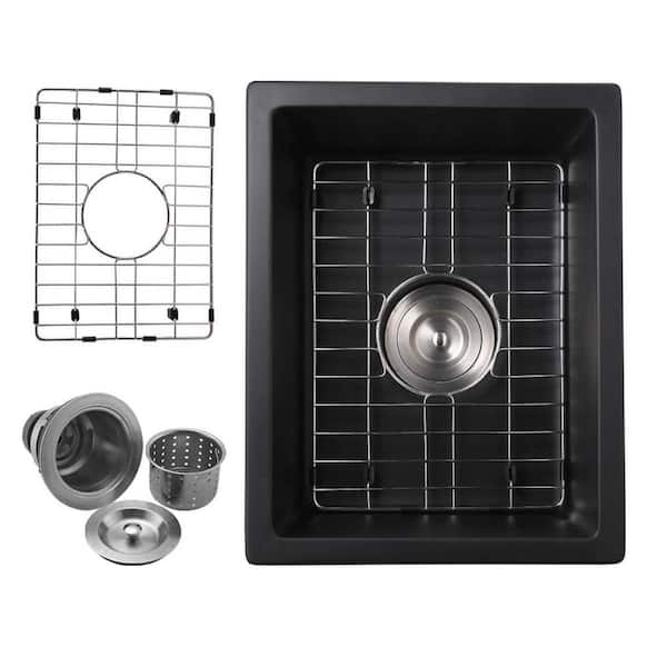 13.77 in. Undermount Single Bowl Black Quartz Kitchen Bar Sink with Basket Strainer and Bottom Grid