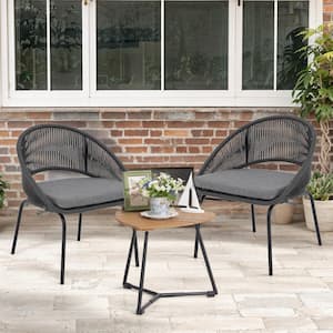 Stylish Dark Gray 3-Piece Metal Hand-Woven Outdoor Bistro Set Triangle Wood Top Table with Gray Cushions for Poorside