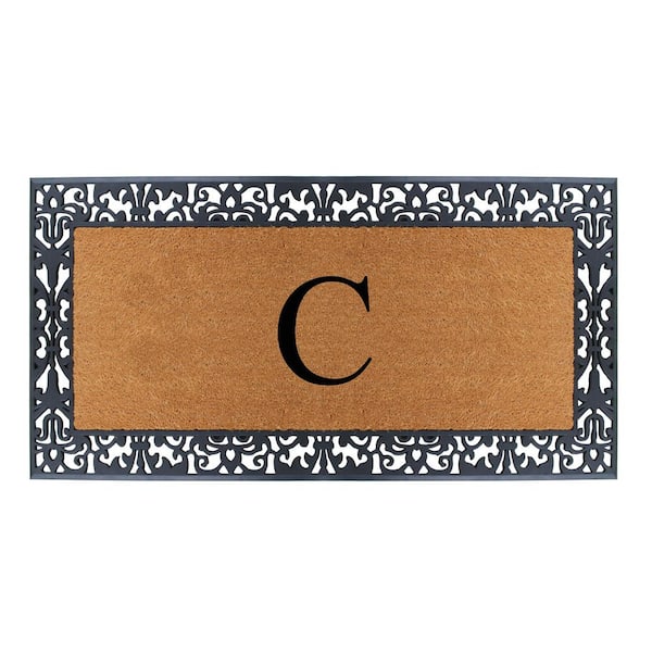 A1 Home Collections Floral Border Paisley Black 30 in. H x 60 in. H Rubber and Coir Monogrammed C Door Mat