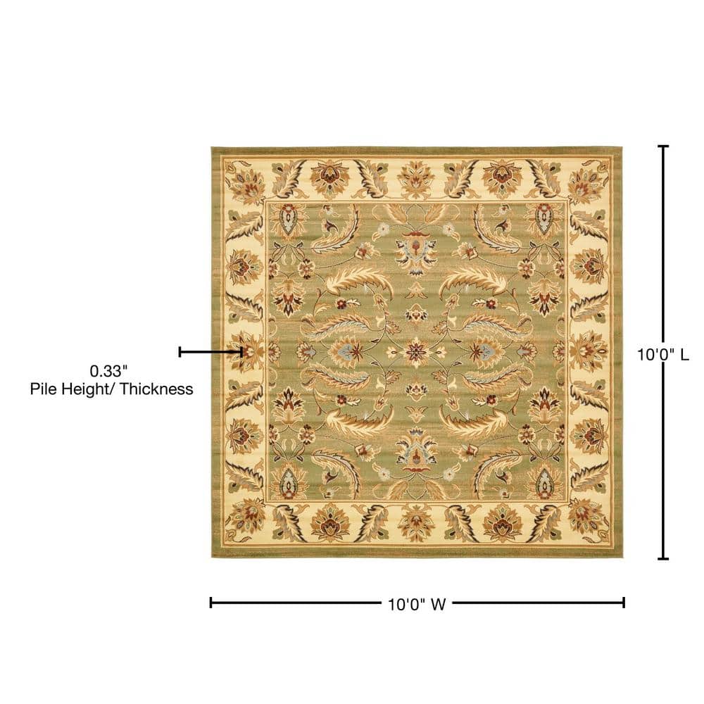 Green Floral Square Stain-Resistant Synthetic Area Rug