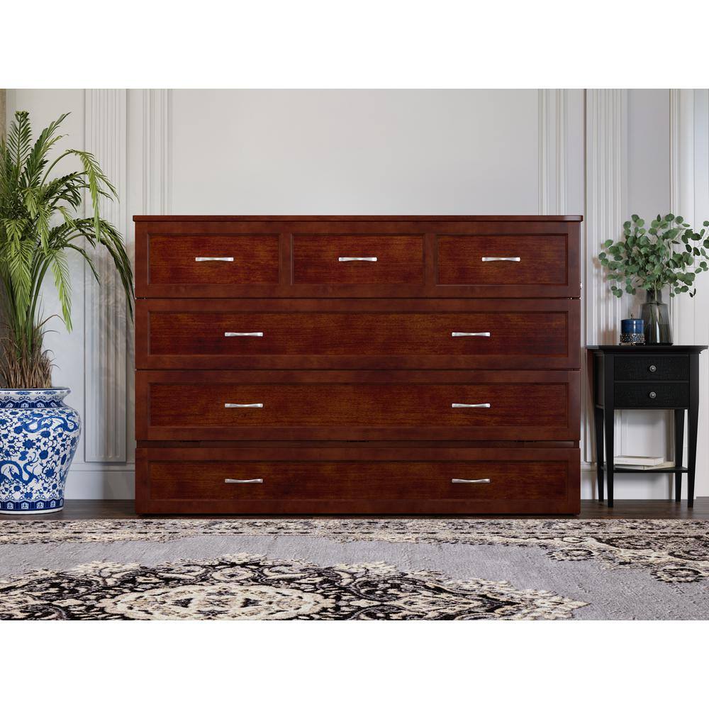 Northfield Walnut Queen Murphy Bed Chest with Built-in Charger and Memory Foam Mattress