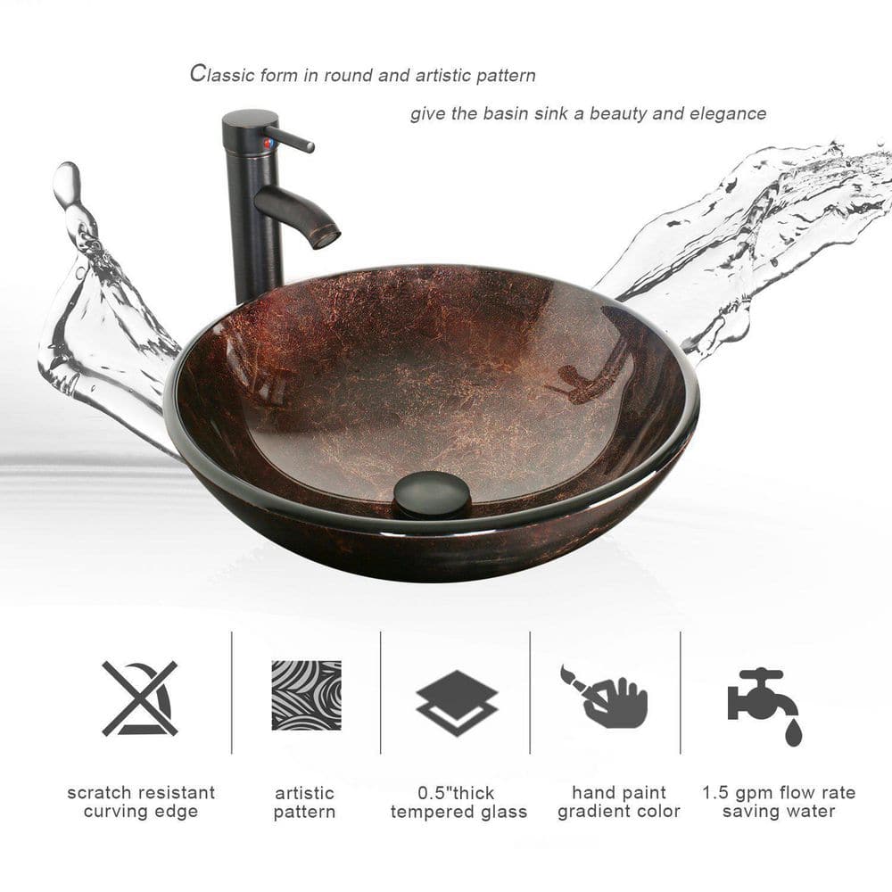 16.5" Brown Tempered Glass Round Vessel Sink with Faucet