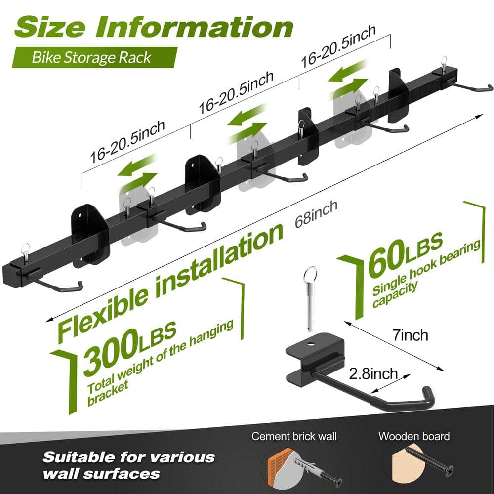 68-Inch Black Steel Wall Mount Bike Storage Rack with Adjustable Hooks