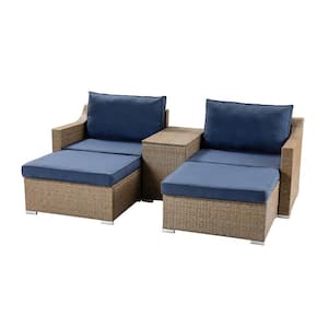 Modern 5-Piece 2-Person Wicker Rattan Patio Conversation Sectional Seating Set with Navy Blue Cushion