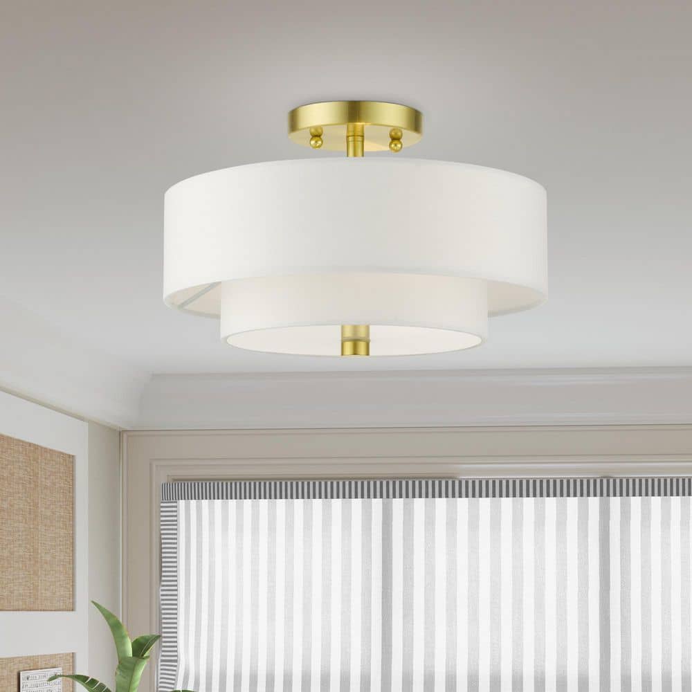 Satin Brass Glass Drum 2-Light Semi-Flush Mount