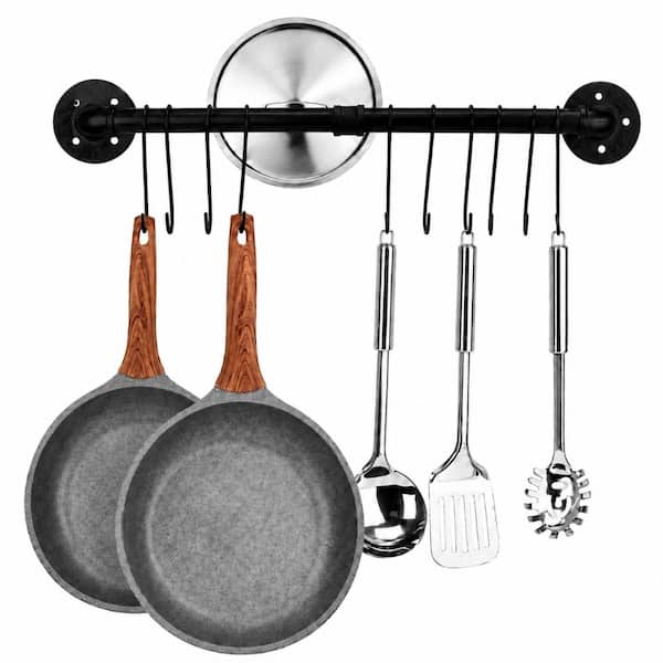 Black Wall-Mounted Iron Pot Rack with 10 Hooks, Hanging Rail Kitchen Organizer for Pots, Pans and Lids
