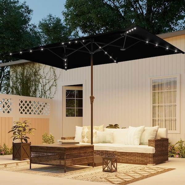11 x 7 ft. Steel Solar-powered Double-Sided Market Patio Umbrella with Canopy Outdoor Table Umbrella in Black