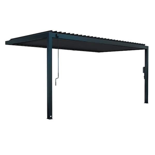 Evanston 18 ft. x 10 ft. Black Galvanized Steel Wall-Mounted Louvered Pergola Kit with Adjustable Roof and PowerPort