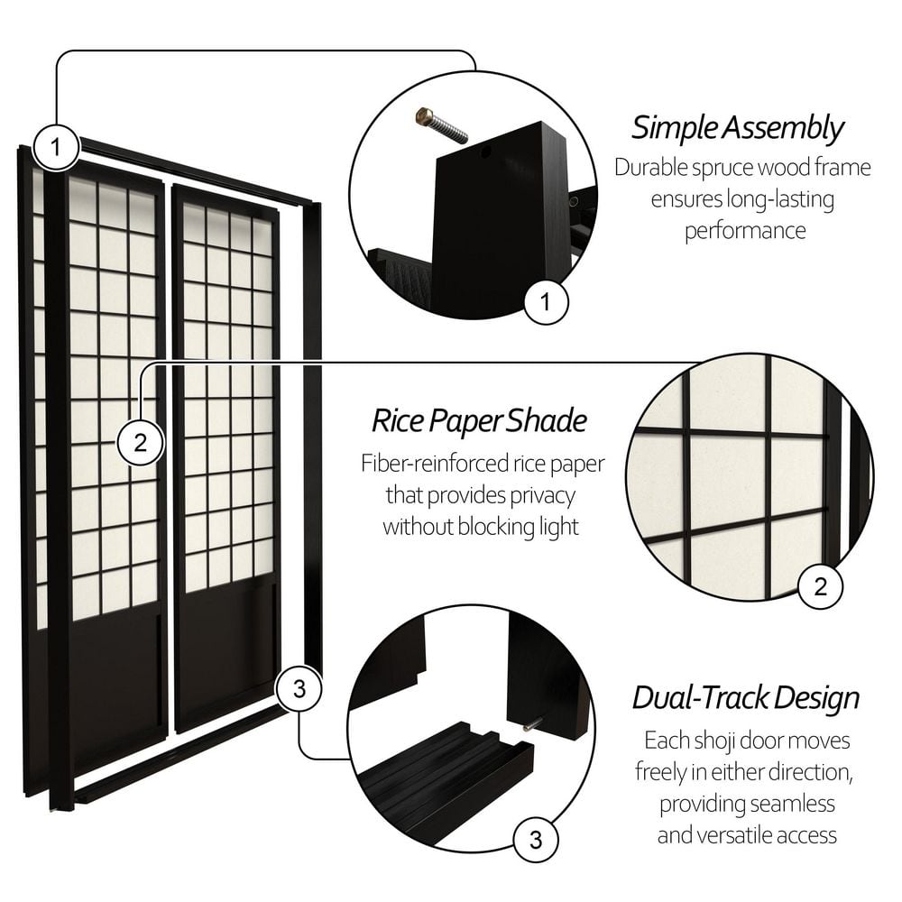 Zen Black Shoji Sliding Door Kit with Rice Paper Shade