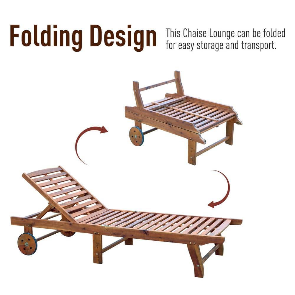 Teak Acacia Wood Outdoor Folding Chaise Lounge with Wheels
