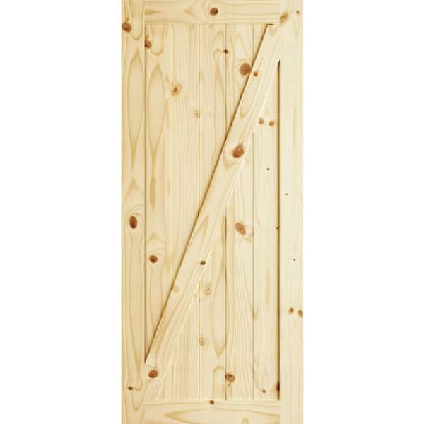 Unbranded 36 in. x 84 in. Rustic Knotty Pine Z-Brace Unfinished Wood Sliding Barn Door with Hardware Kit