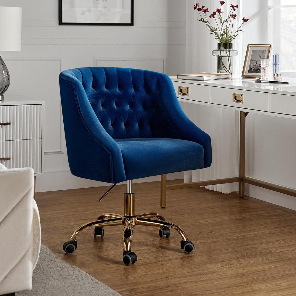 Navy Velvet Ergonomic Swivel Task Chair with Gold Legs