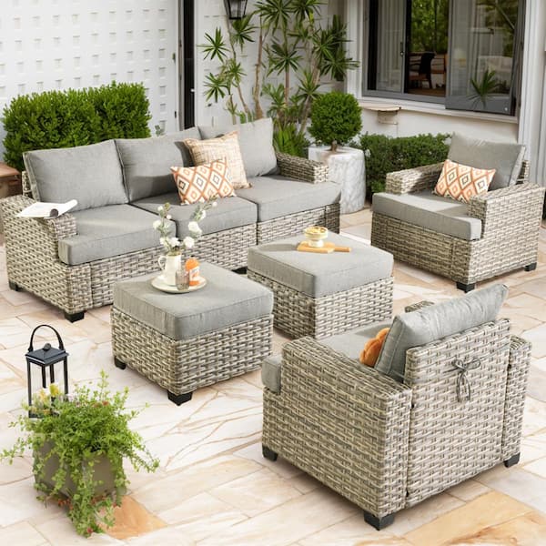 XIZZI Taylor 7-Piece Wicker Outdoor Patio Conversation Seating Set with Dark Gray Cushions