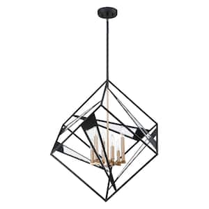 Corrientes 29.57 in. W x 29.57 in. H 6-Light Matte Black/Gold Accent Pendant Light with Open Metal Frame and Clear Glass