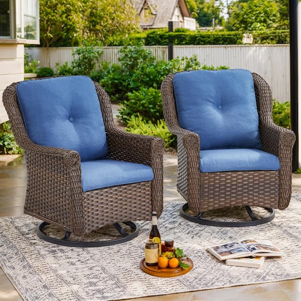 ChrysArm Chrysanthemum 4-Piece Brown Swivel Glider Wicker Outdoor Rocking Chair with Blue Cushions Patio Swivel Chairs