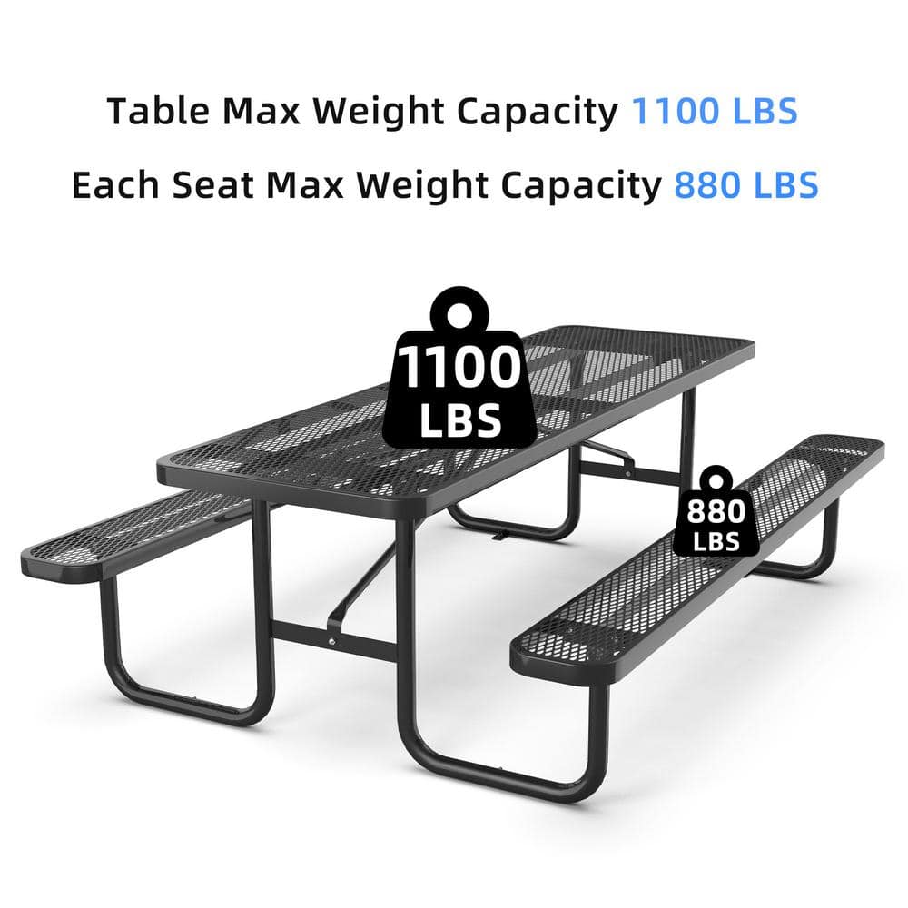 96" Black Steel Weather Resistant Outdoor Picnic Table