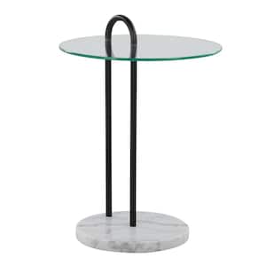 Claire 18 in. Black Metal and White Marble Round Clear Glass End Table