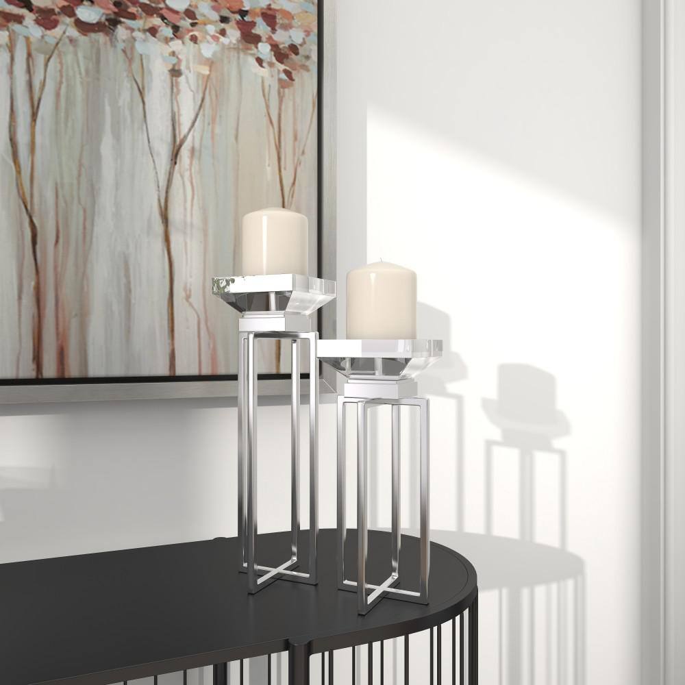 Silver Stainless Steel Square Candle Holders, Set of 2