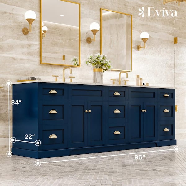 Epic 96 in. W x 22 in. D x 34 in. H Double Bathroom Vanity in Blue with White Quartz Top with White Sinks
