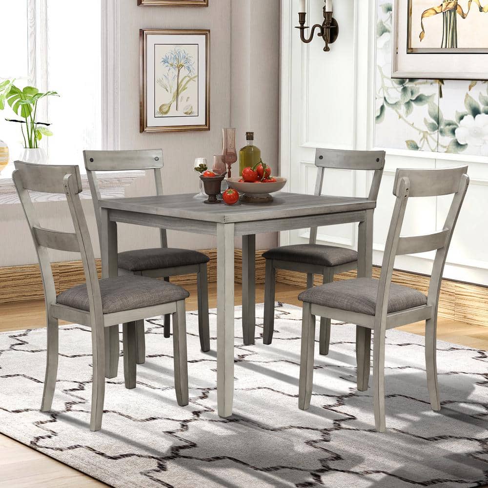 GODEER 5-Piece Square Industrial Wooden Top Light Grey Dining Table Set ...
