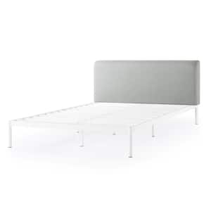 Bree Metal Platform Bed with Curved Upholstered Headboard, Steel Slats, Sky Grey, Queen