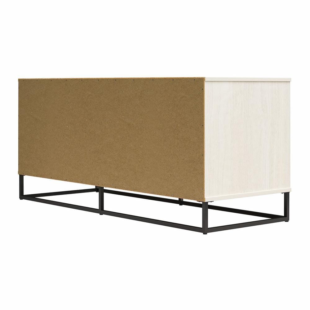 White Engineered Wood TV Stand with Adjustable Shelves and Metal Handles