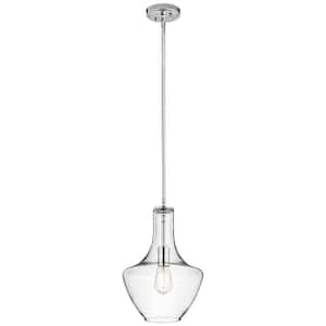 Everly 15.25 in. 1-Light Chrome Transitional Shaded Kitchen Bell Pendant Hanging Light with Clear Glass
