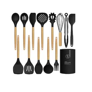 14-Piece Silicon Cooking Utensils Set with Wooden Handles and Holder for Non-Stick Cookware, Black