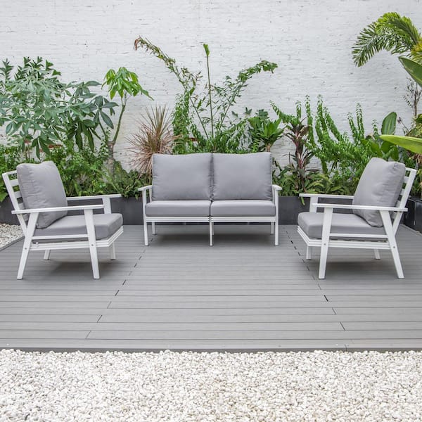 Leisuremod Walbrooke White 3-Piece Aluminum Outdoor Sectional Set with Removable Cushions Loveseat and Set of 2 Armchair, Grey
