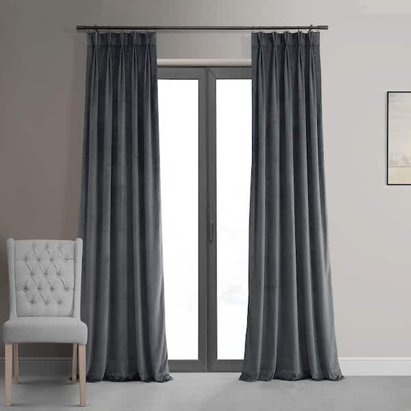 Exclusive Fabrics & Furnishings Signature Distance Blue Grey Pleated Blackout Velvet Curtain 25 in. W x 108 in. L (1 Panel)