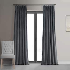 Signature Distance Blue Grey Pleated Blackout Velvet Curtain 25 in. W x 120 in. L (1 Panel)