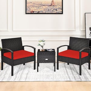 3-Piece Black Wicker Outdoor Patio Bistro Set with Red Cushions