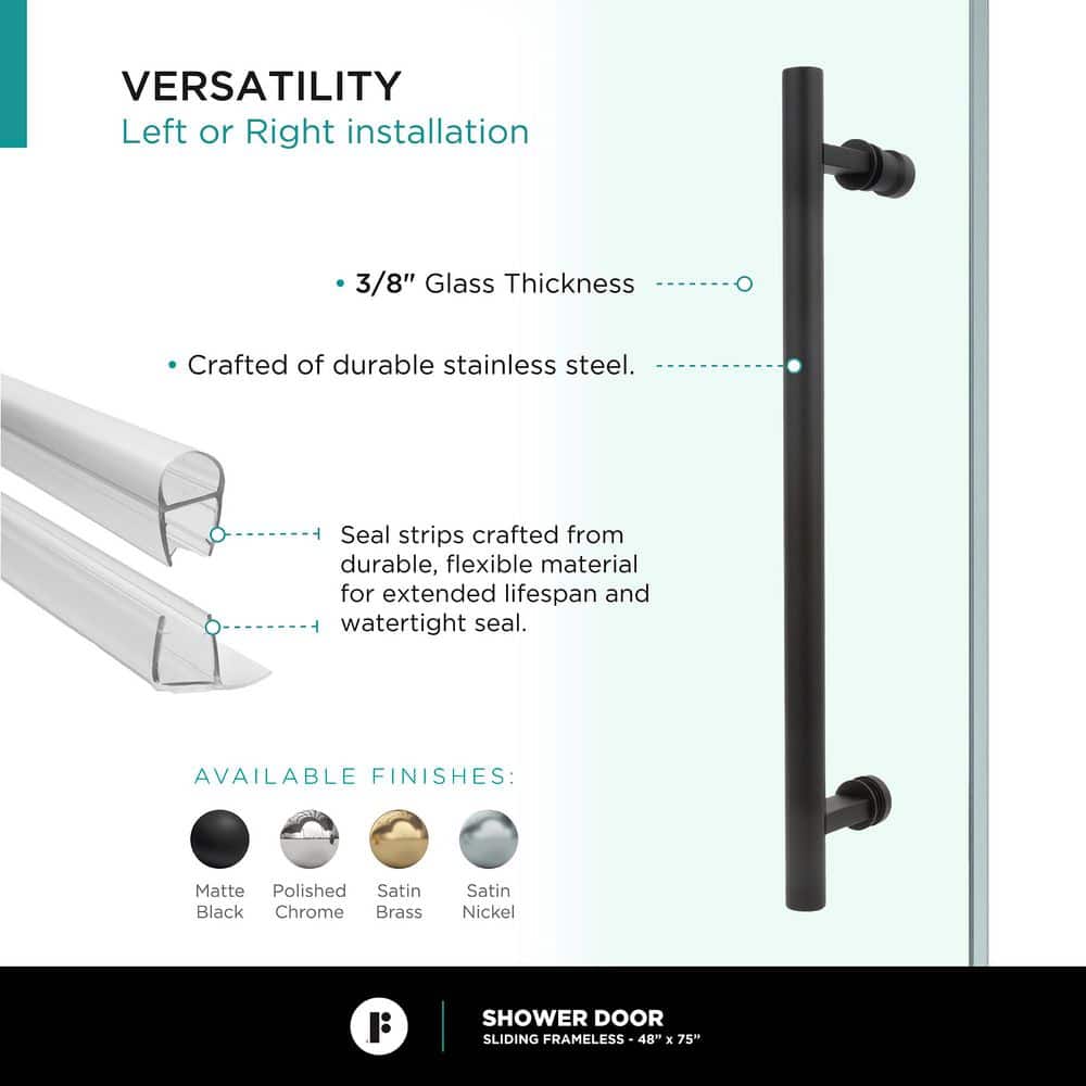48'' Black Frameless Sliding Shower Door with Tempered Glass