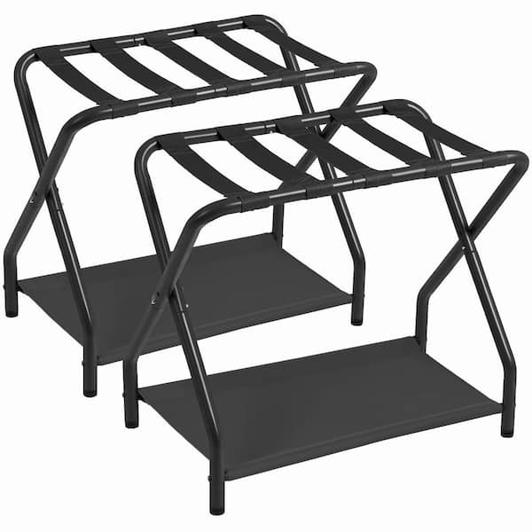 Black Metal Luggage Rack, Foldable Suitcase Stands for Guest Room w/ Storage Shelf for Bedroom, Easy Assemble (Set of 2)