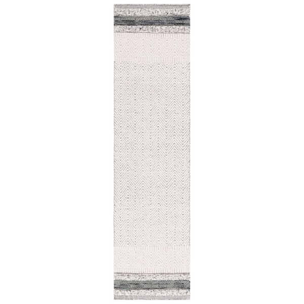 Martha Stewart 2 ft. x 9 ft. Ivory/Gray Border Herringbone Runner Rug