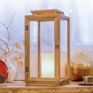 25 in. Wood Hurricane Lantern With Clear Glass Panels, Flameless Pillar Candles, Decorative Lanterns for Home Decor