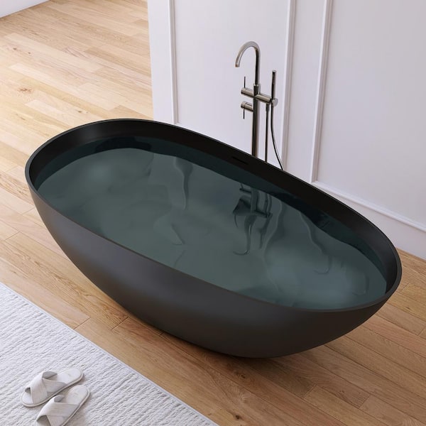 Luna 67 in. x 33.5 in. Stone Resin Solid Surface Matte Flatbottom Freestanding Soaking Bathtub in Black