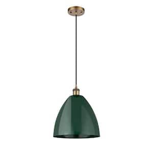 Plymouth Dome 1-Light Brushed Brass Cone Pendant Light with Green Metal Shade