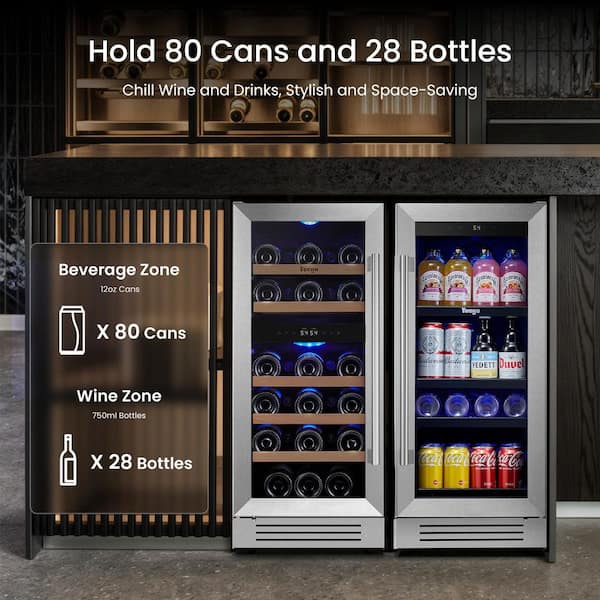 30 in. Triple Zone 28-Wine Bottles and 80-Cans Beverage and Wine Cooler Side-by-Side Built-in Refrigerators in Black
