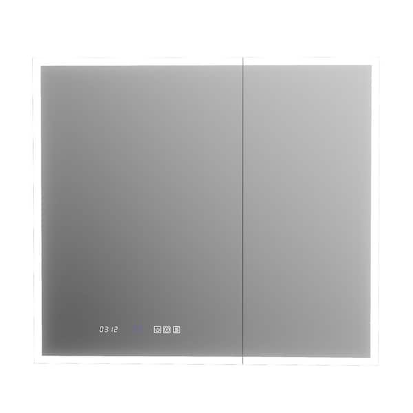 HHG 36 in. W x 32 in. H Rectangular Silver Aluminum Recessed/Surface Mount Medicine Cabinet with Mirror and LED