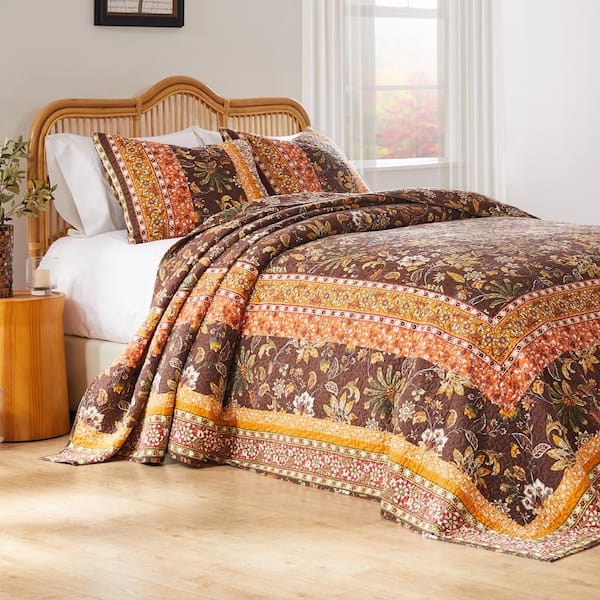 Audrey Floral Chocolate 3-Piece Cotton Blend King/Cal King Jumbo Quilt Set