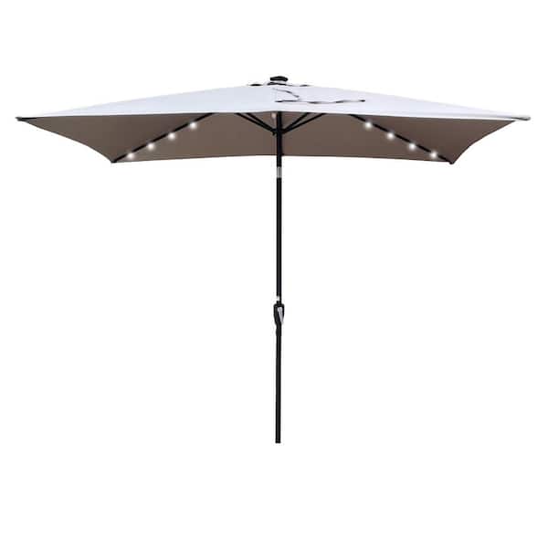 Tunearary 10 x 6.5 ft Steel Market Umbrella, Patio Umbrella in Medium Grey, Solar LED Light,Crank and Push Button Tilt,Garden Pool